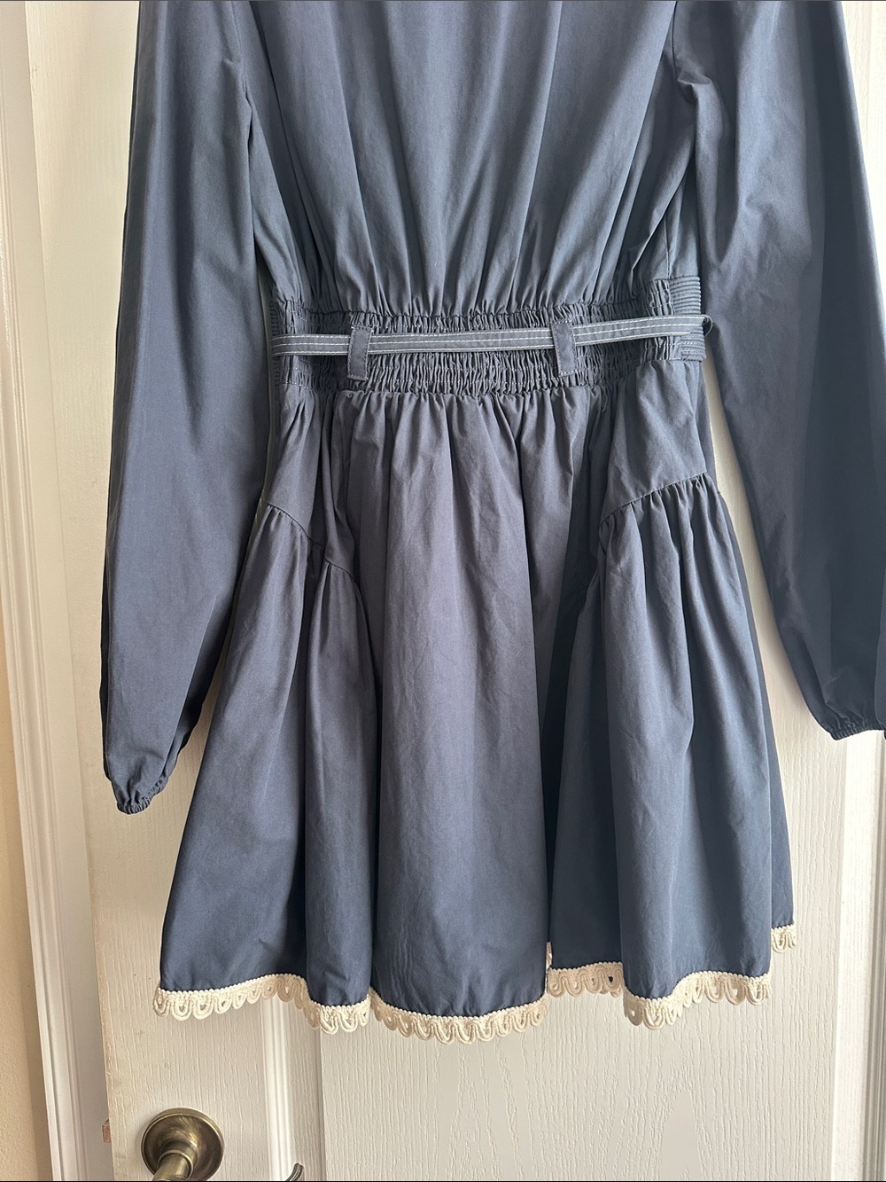 Smocked Waist Navy Long-Sleeve Dress with Lace Trim - Picture 7 of 7